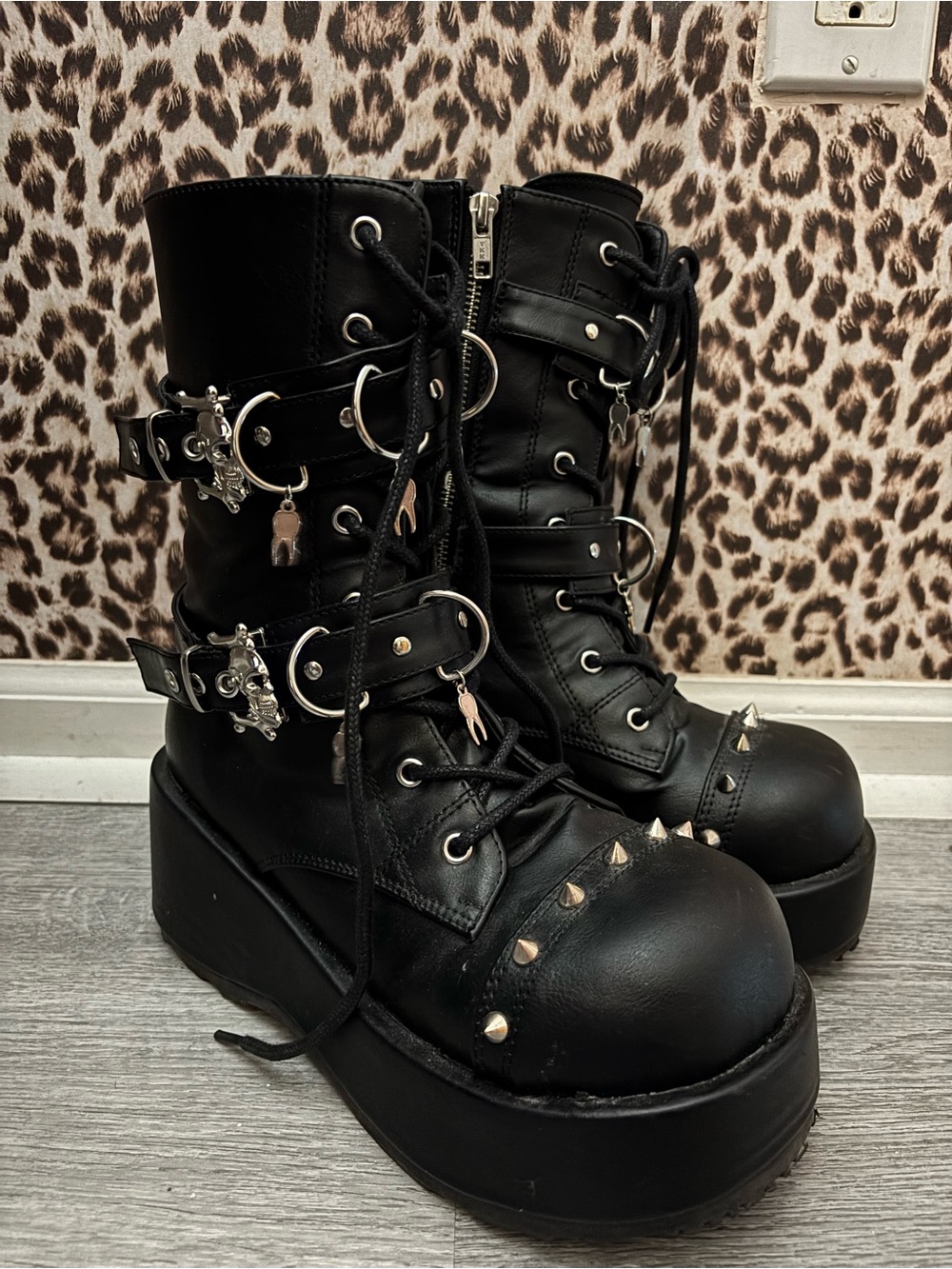 demonia Black Platform Gothic Combat Boots with Stud & Buckle Details